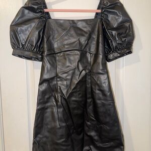 H&M Black Faux Leather Puff Sleeve Dress Size Small